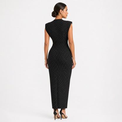 Black Rhinestone Draped Midi Dress with Slit