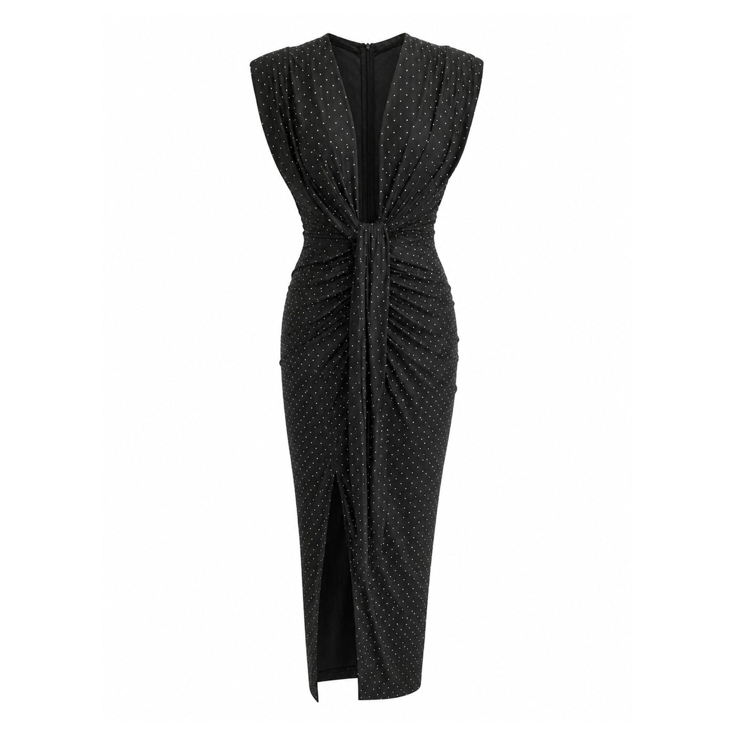 Black Rhinestone Draped Midi Dress with Slit