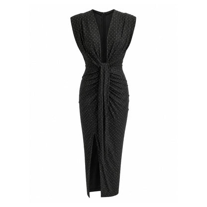 Black Rhinestone Draped Midi Dress with Slit