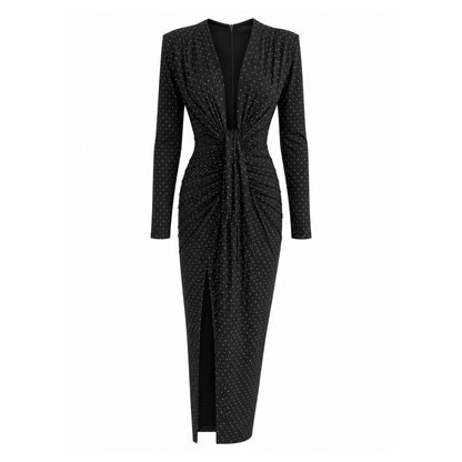 Rhinestone Ruched Midi Dress with Side Slit