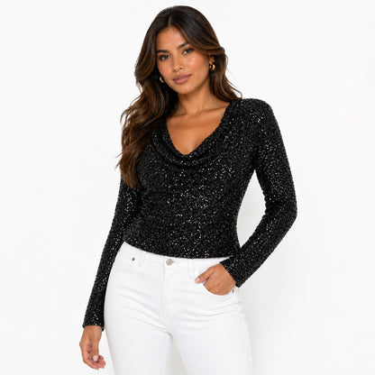Sequin Long Sleeve V-Neck Top
