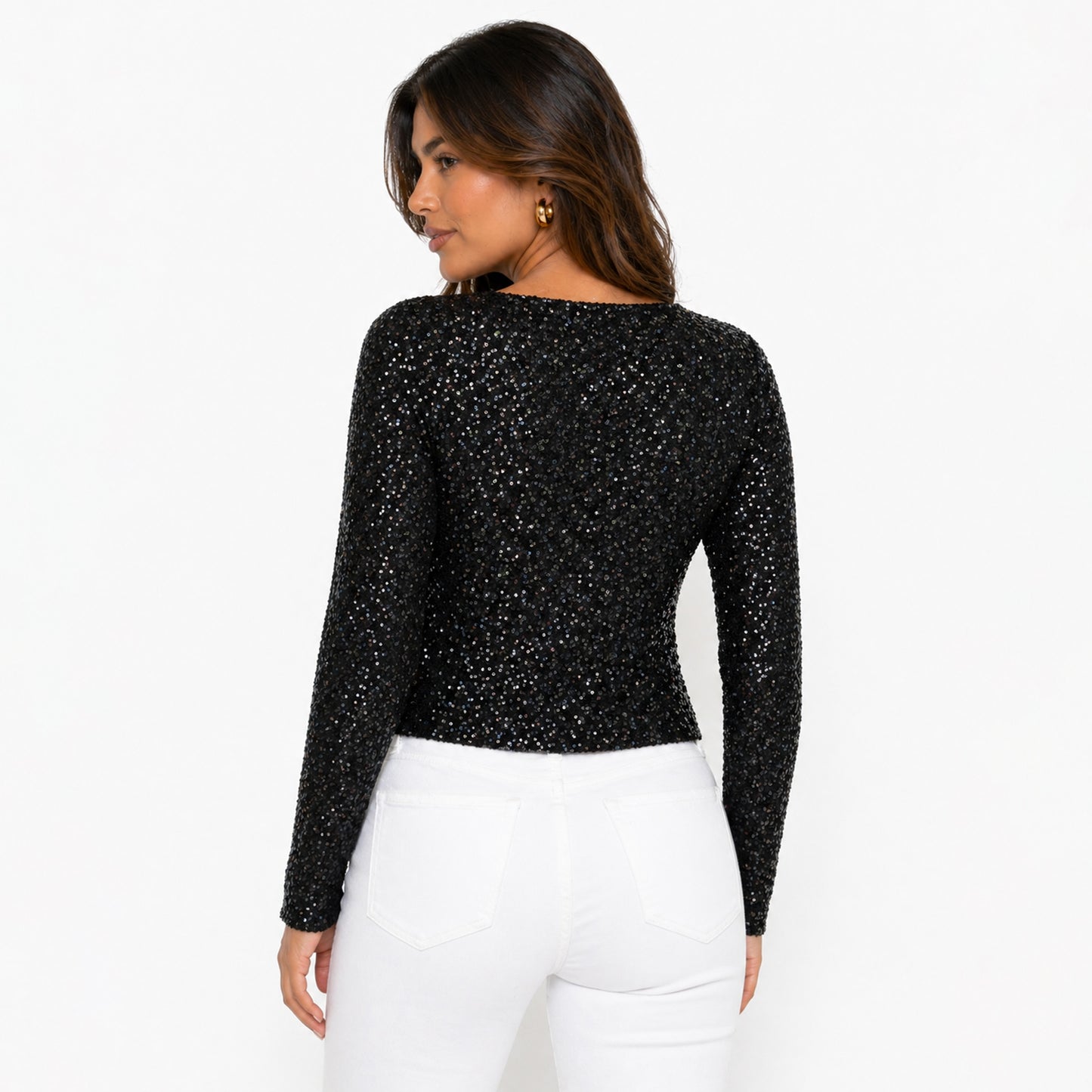 Sequin Long Sleeve V-Neck Top