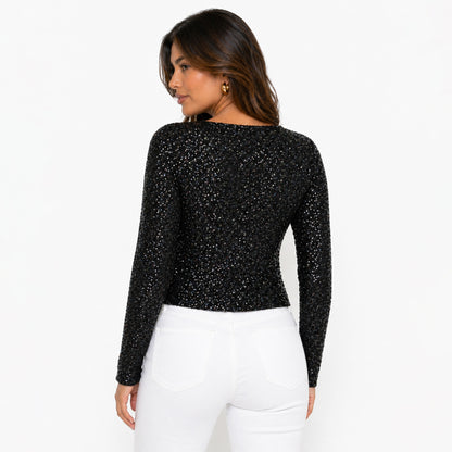 Sequin Long Sleeve V-Neck Top