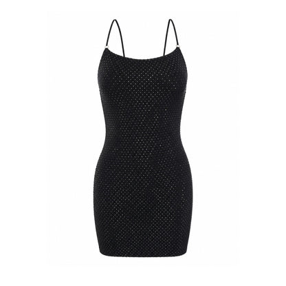 Black Rhinestone Backless Mini Dress