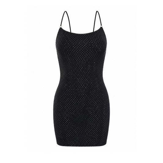 Black Rhinestone Backless Mini Dress