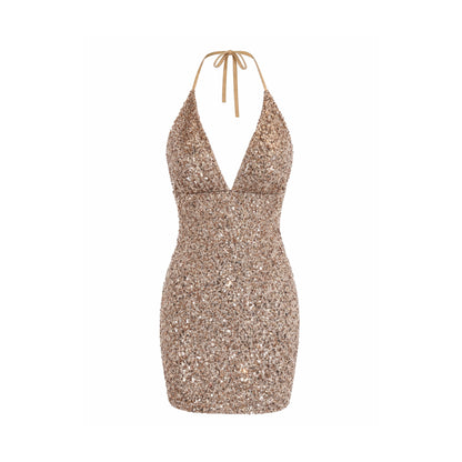 Sequin Halter Mini Dress – Open Back Party Dress