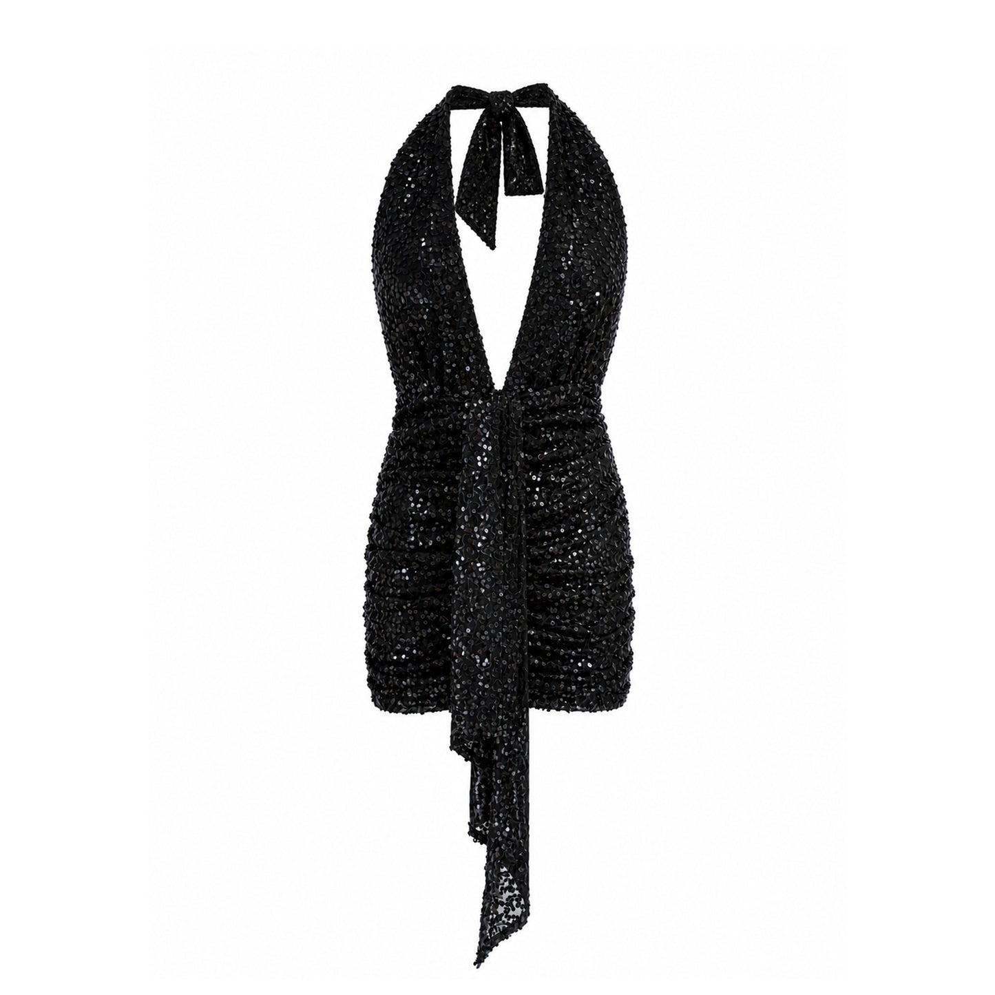 Sequin Halter Mini Dress with Ruched Detail & Open Back