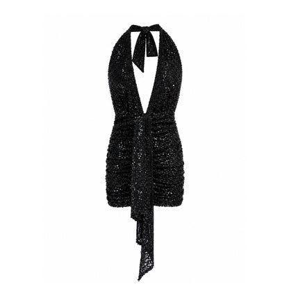 Sequin Halter Mini Dress with Ruched Detail & Open Back