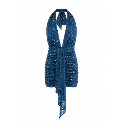 Sequin Halter Mini Dress with Ruched Detail & Open Back