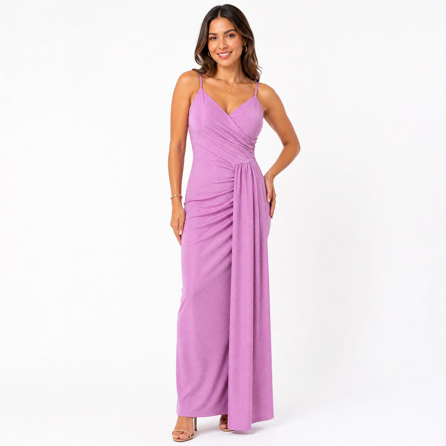 Rhinestone Maxi Dress with Side Drape