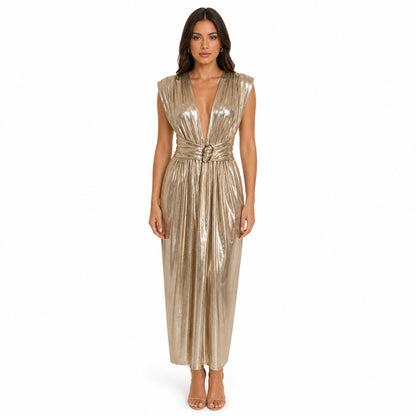 Metallic Gold Pleated Midi Dress with Belt
