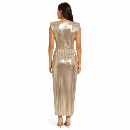 Metallic Gold Pleated Midi Dress with Belt