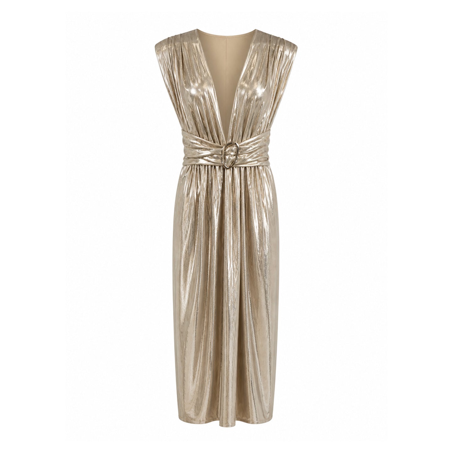 Metallic Gold Pleated Midi Dress with Belt