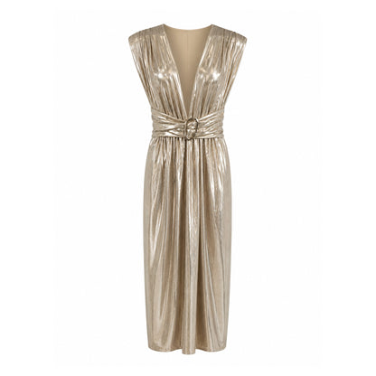 Metallic Gold Pleated Midi Dress with Belt