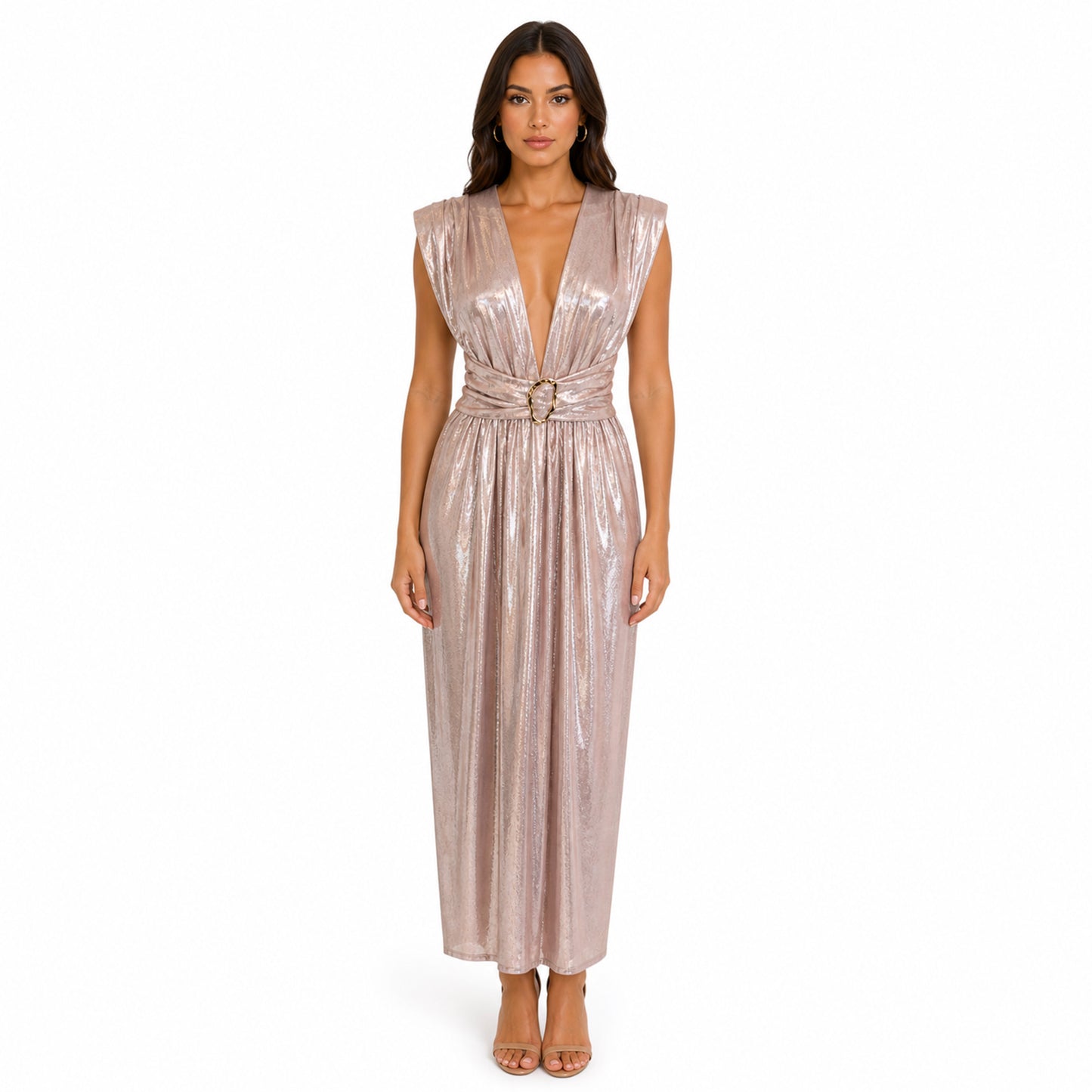 Metallic Gold Pleated Midi Dress with Belt