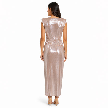 Metallic Gold Pleated Midi Dress with Belt