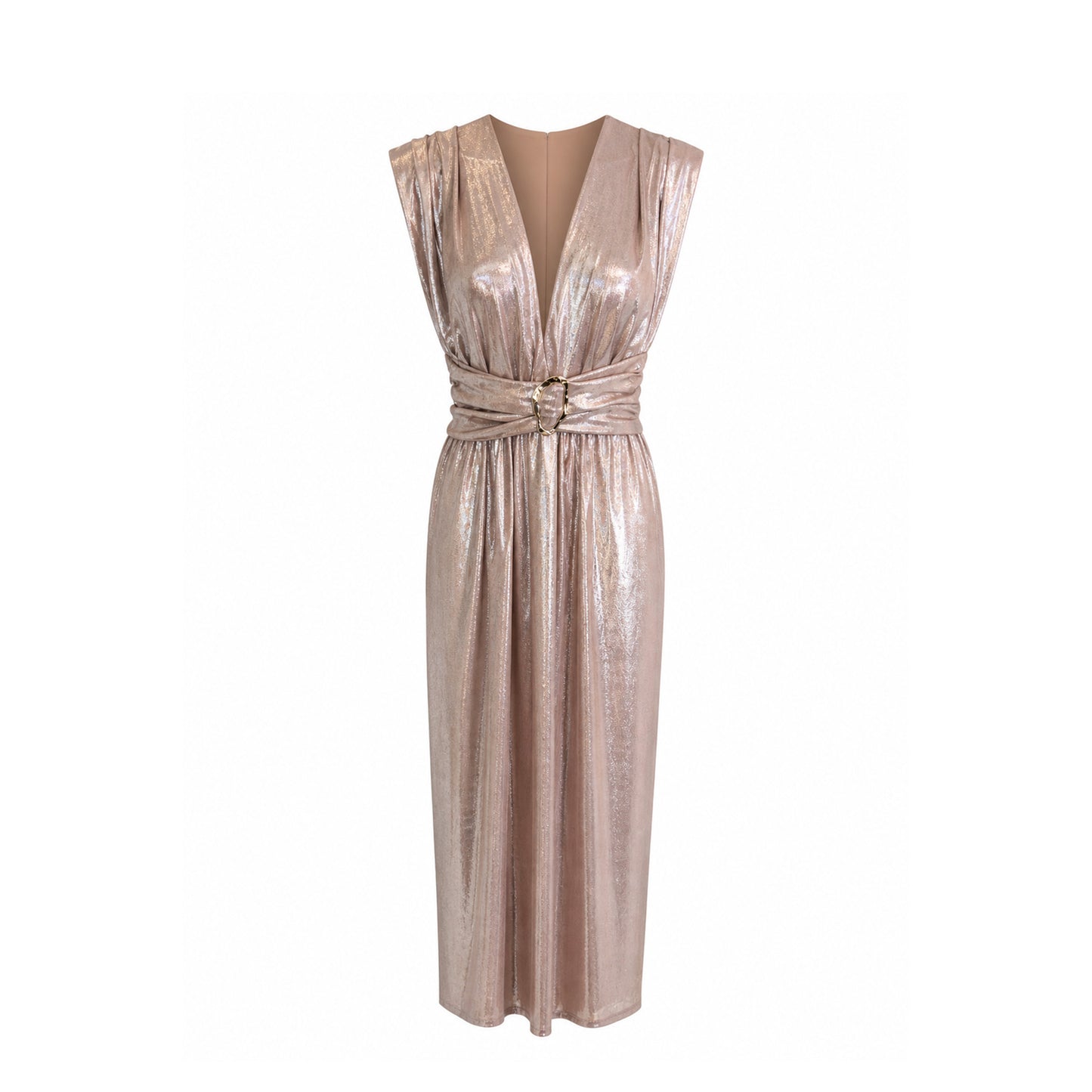 Metallic Gold Pleated Midi Dress with Belt