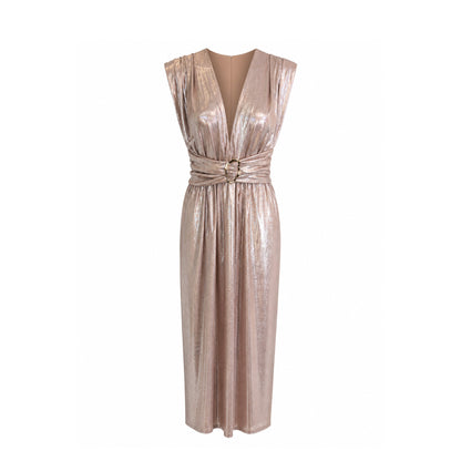 Metallic Gold Pleated Midi Dress with Belt