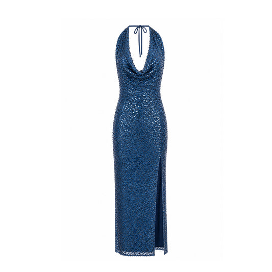 Sequin Halter Maxi Dress with Side Slit