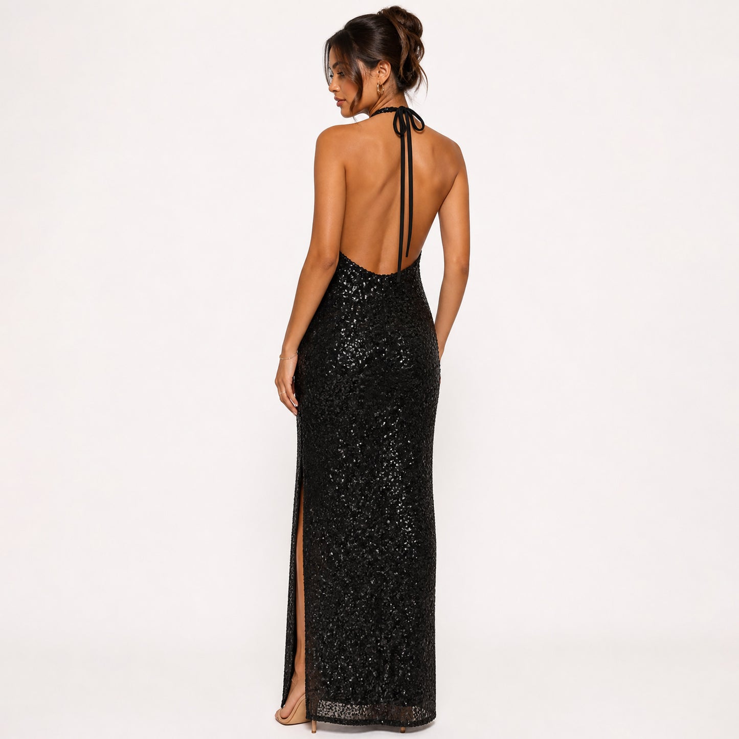 Sequin Halter Maxi Dress with Side Slit