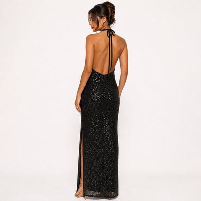 Sequin Halter Maxi Dress with Side Slit