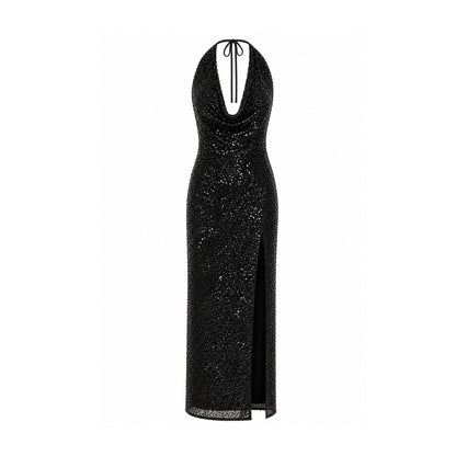 Sequin Halter Maxi Dress with Side Slit