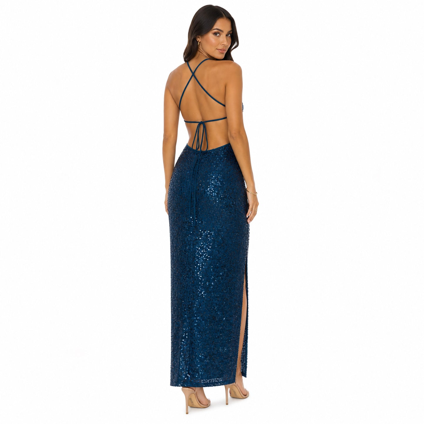 Sequin Halter Neck Maxi Dress with Side Slit
