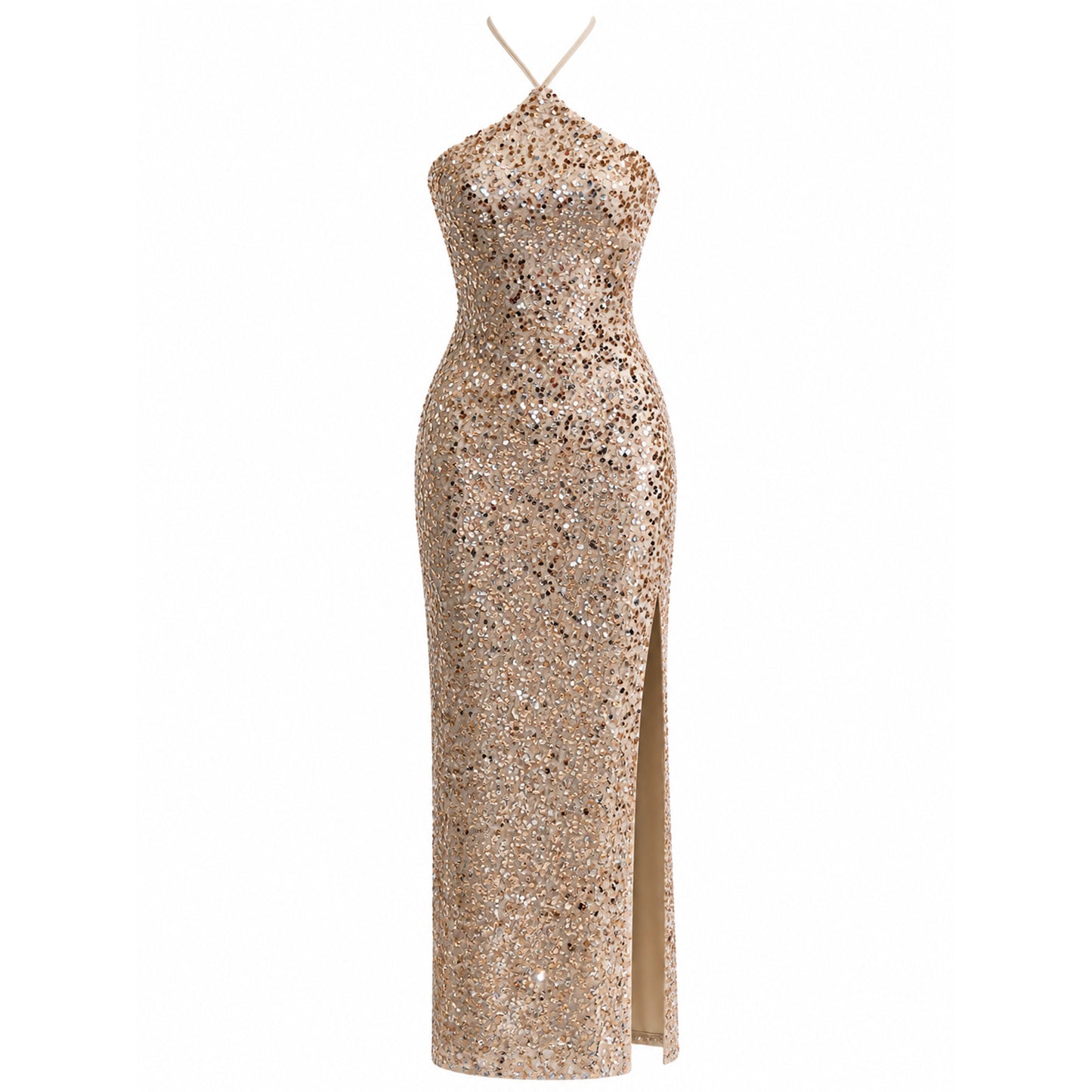 Sequin Halter Neck Maxi Dress with Side Slit