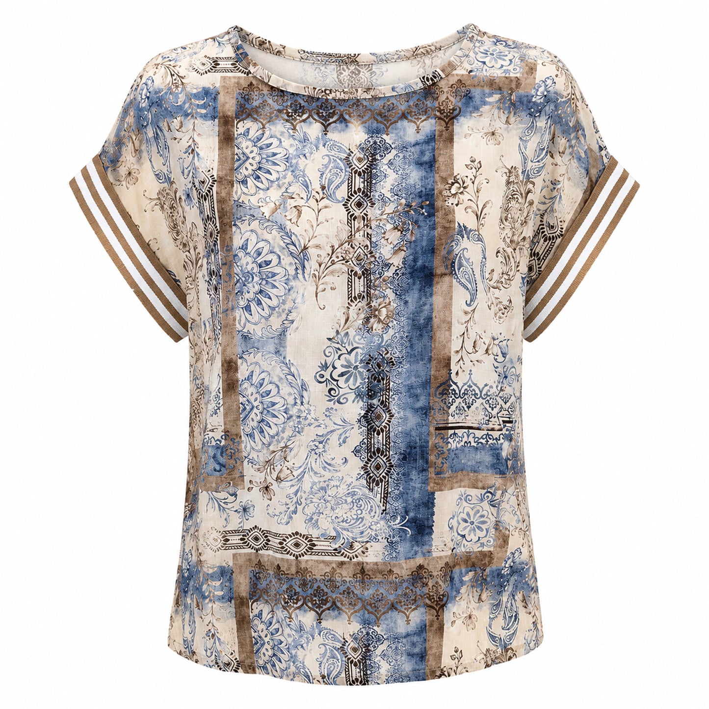 Boho Patchwork Top with Striped Sleeves