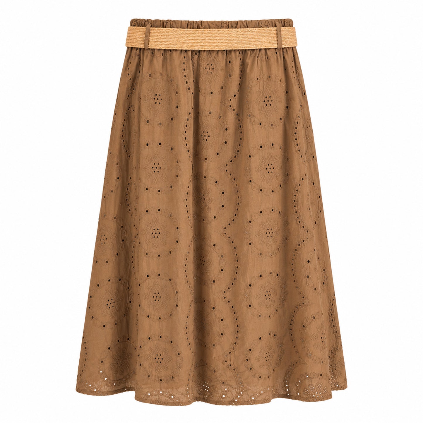 Eyelet Midi Skirt with Raffia Belt