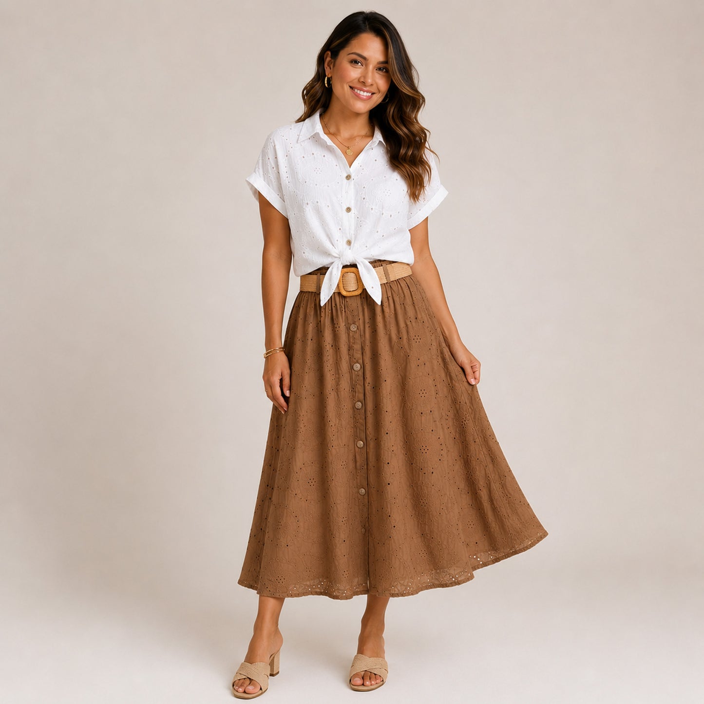 Eyelet Midi Skirt with Raffia Belt