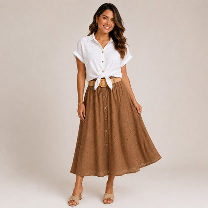 Eyelet Midi Skirt with Raffia Belt
