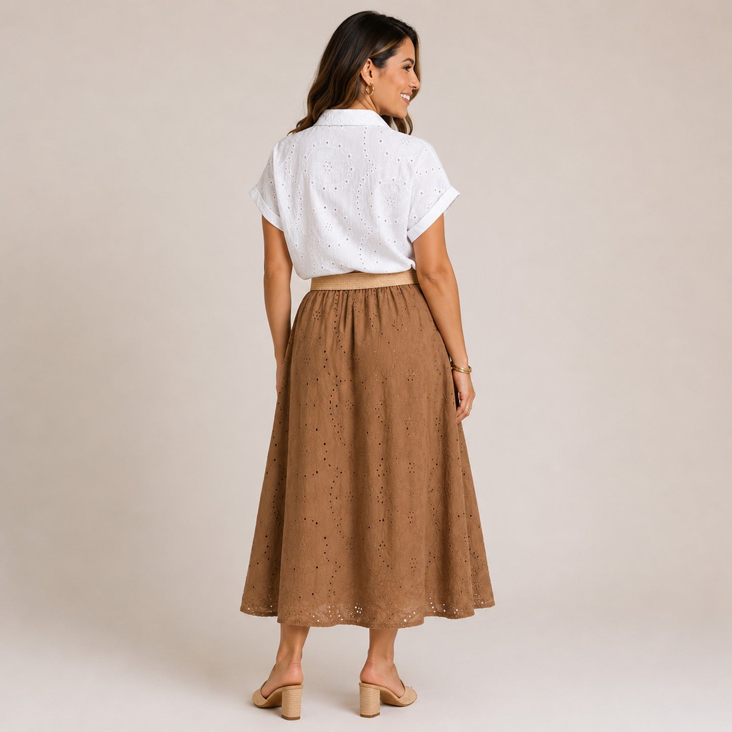 Eyelet Midi Skirt with Raffia Belt