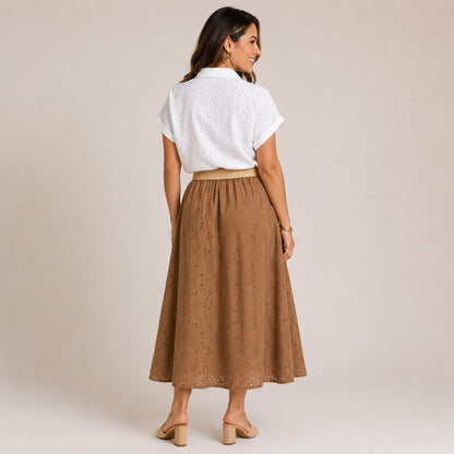 Eyelet Midi Skirt with Raffia Belt