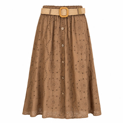 Eyelet Midi Skirt with Raffia Belt