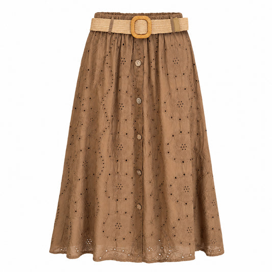 Eyelet Midi Skirt with Raffia Belt
