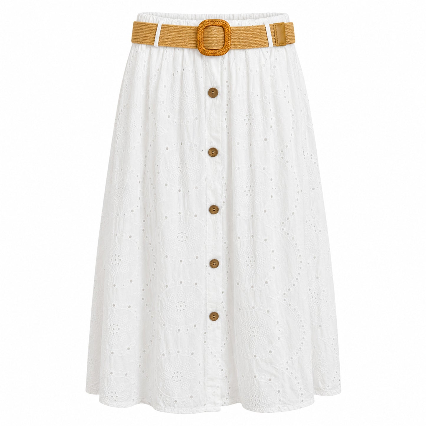 Eyelet Midi Skirt with Raffia Belt