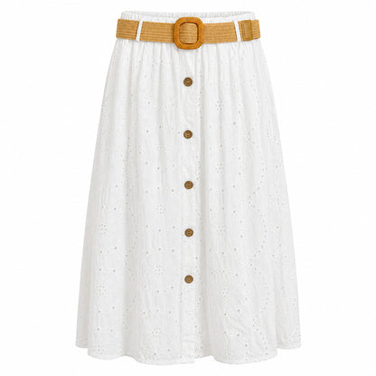 Eyelet Midi Skirt with Raffia Belt
