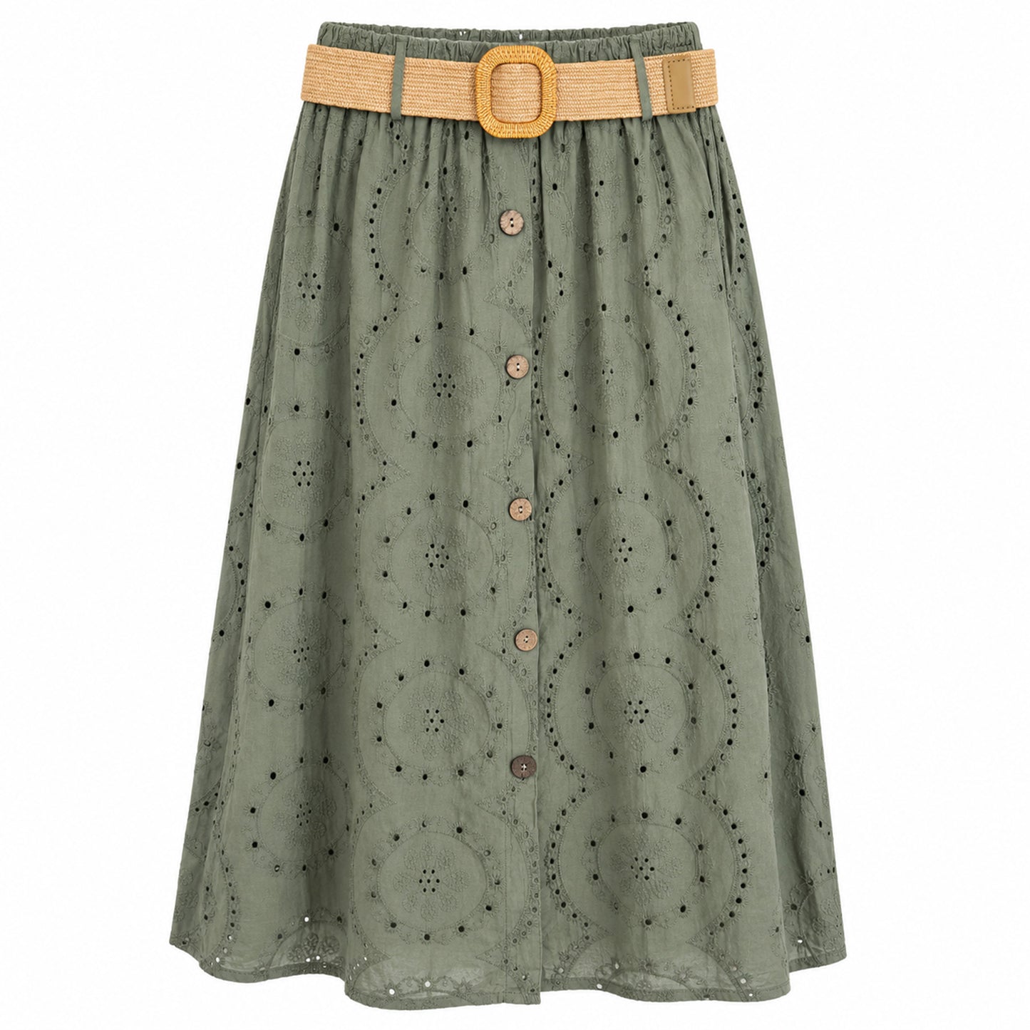 Eyelet Midi Skirt with Raffia Belt
