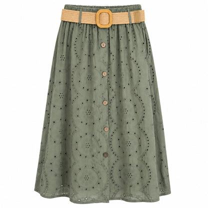 Eyelet Midi Skirt with Raffia Belt