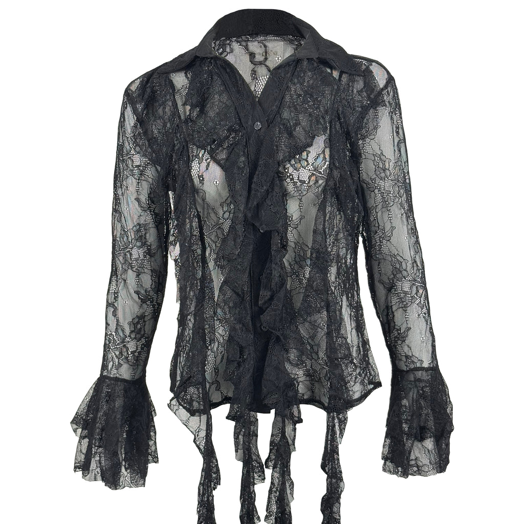 Sheer Lace Button-Up Blouse