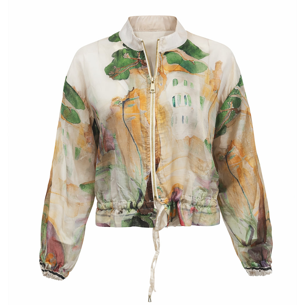 Sheer Printed Zip-Up Blouse