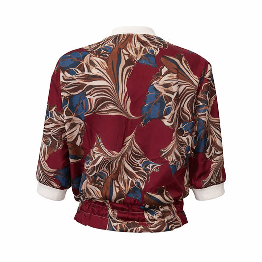 Lightweight Burgundy Botanical Print Zip Jacket