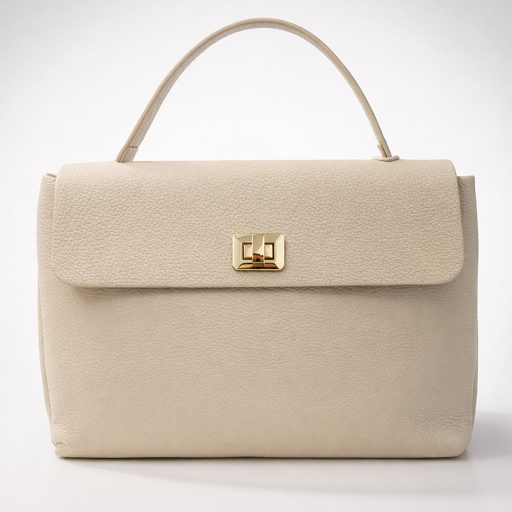 Cream Pebbled Leather Top-Handle Bag with Detachable Shoulder Strap