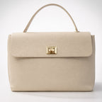 Cream Pebbled Leather Top-Handle Bag with Detachable Shoulder Strap