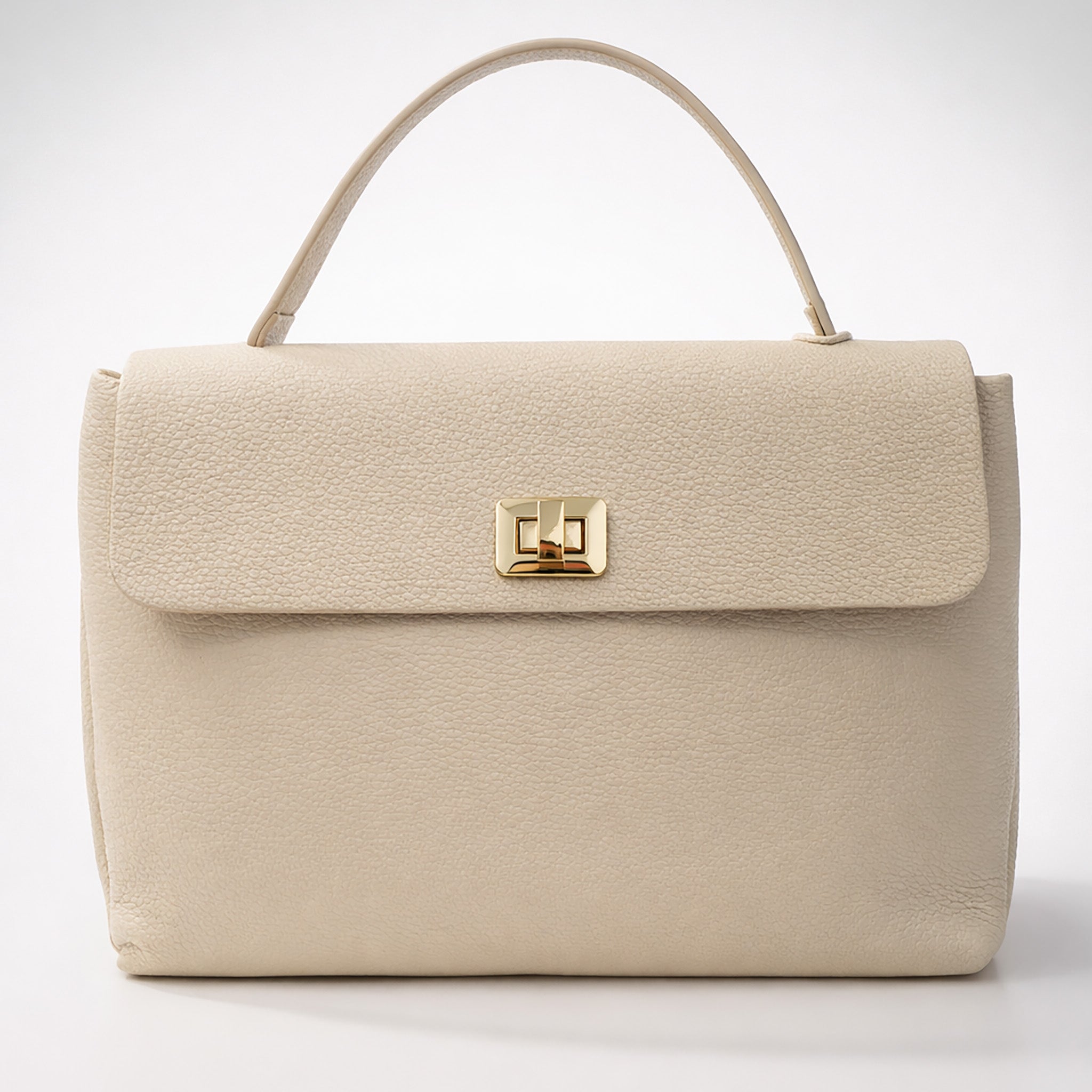 Cream Pebbled Leather Top-Handle Bag with Detachable Shoulder Strap
