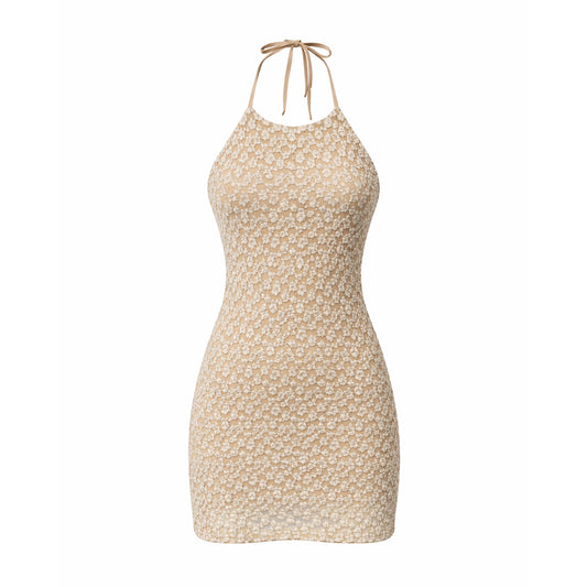 Lace Halter Mini Dress – Open Back Tie