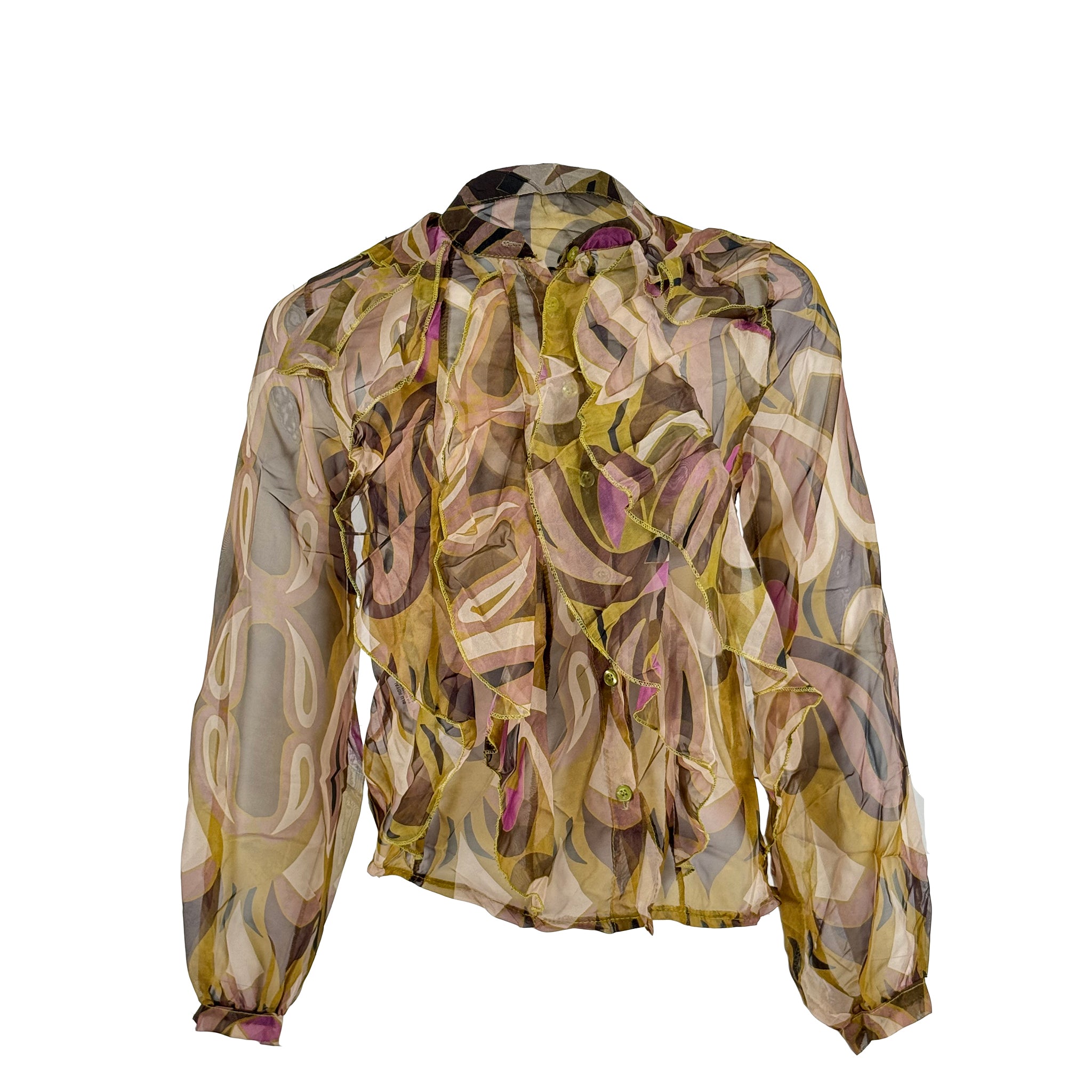 Sheer Printed Ruffle Blouse