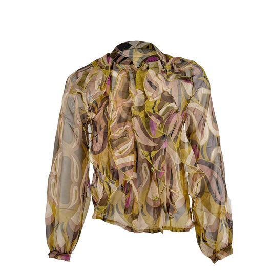 Sheer Printed Ruffle Blouse