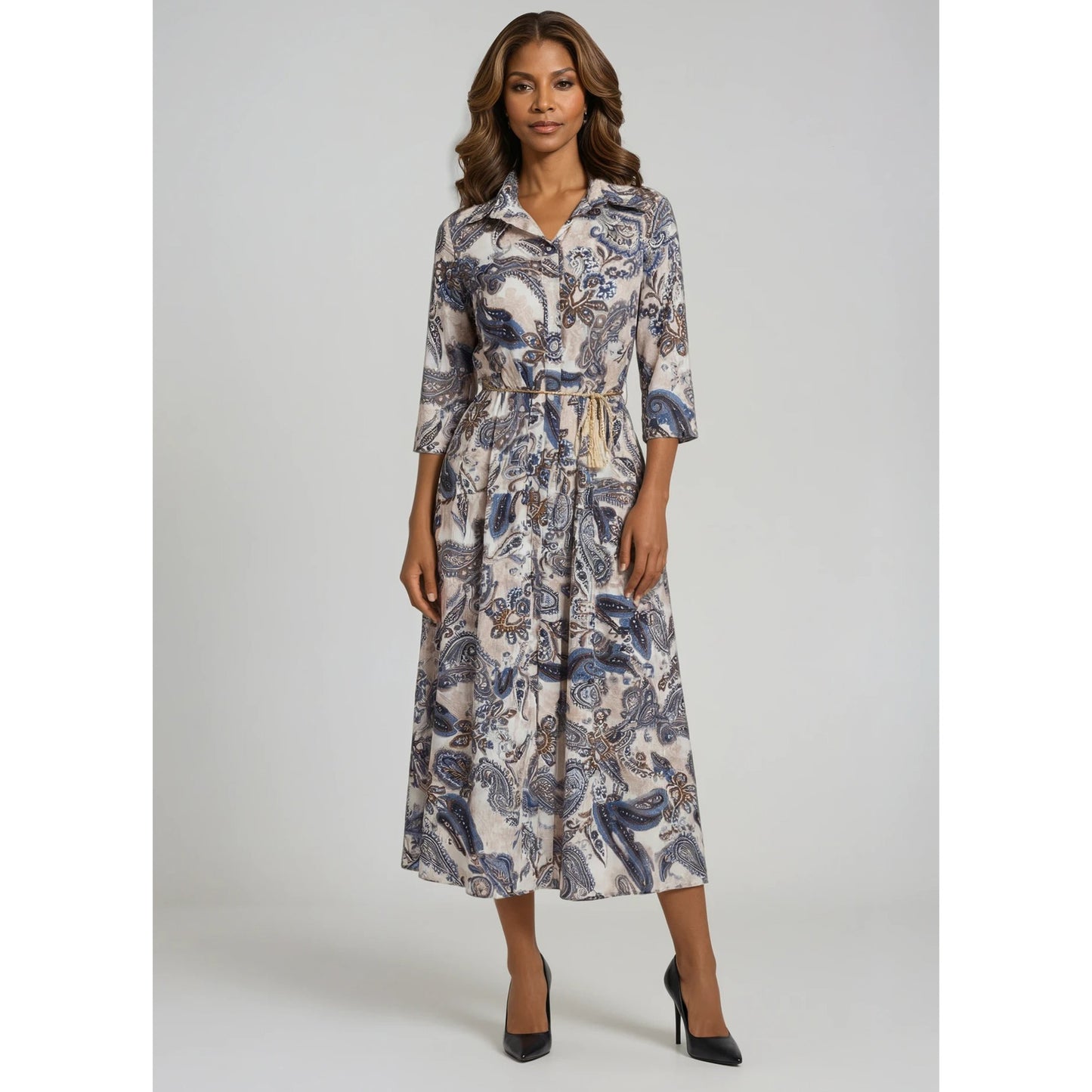 Paisley Belted Button-Down Midi Dress